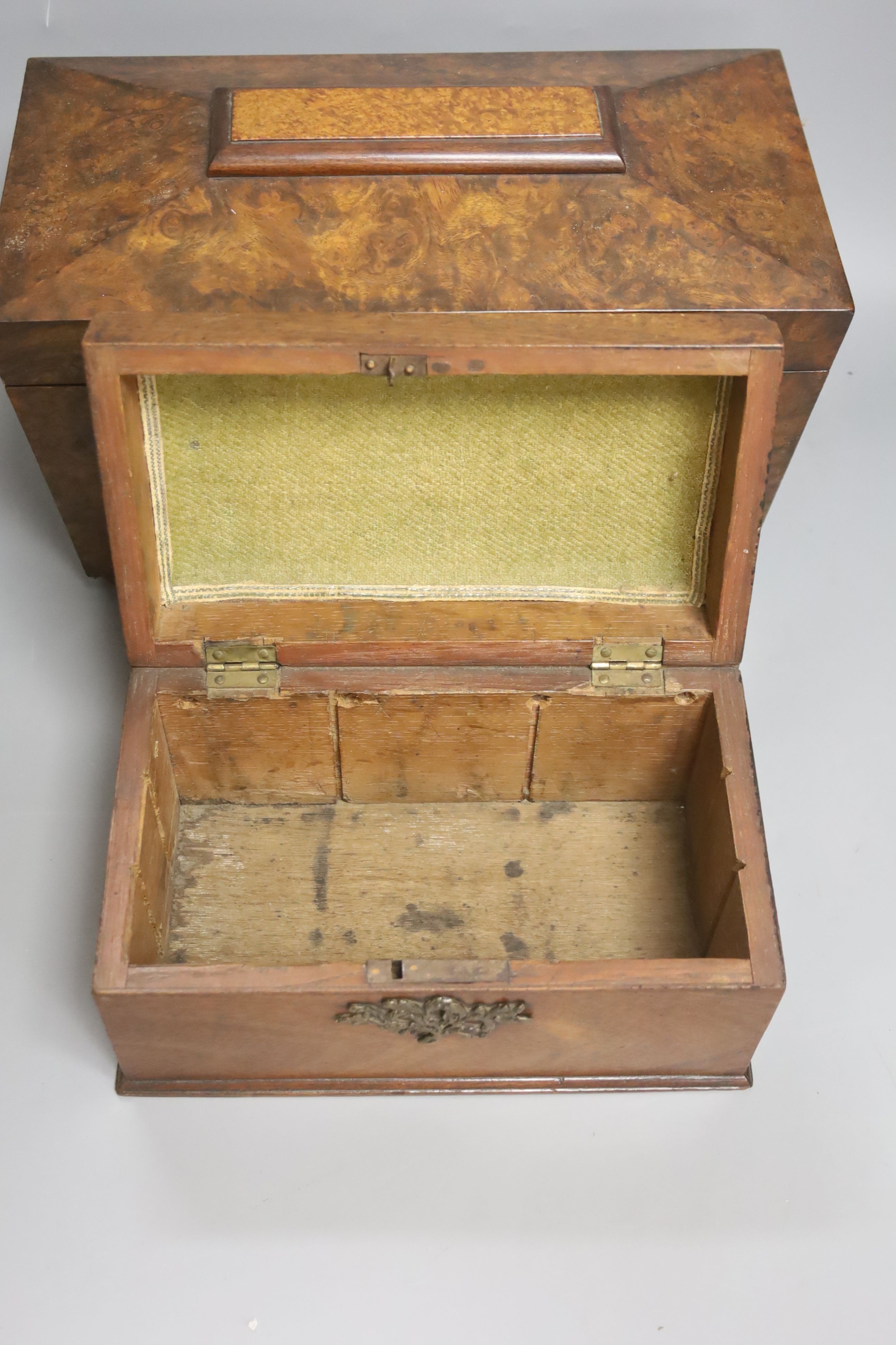 A Victorian burr walnut veneered tea caddy, H 21cm, 31 x 16cm, together with a George III mahogany tea caddy (2)